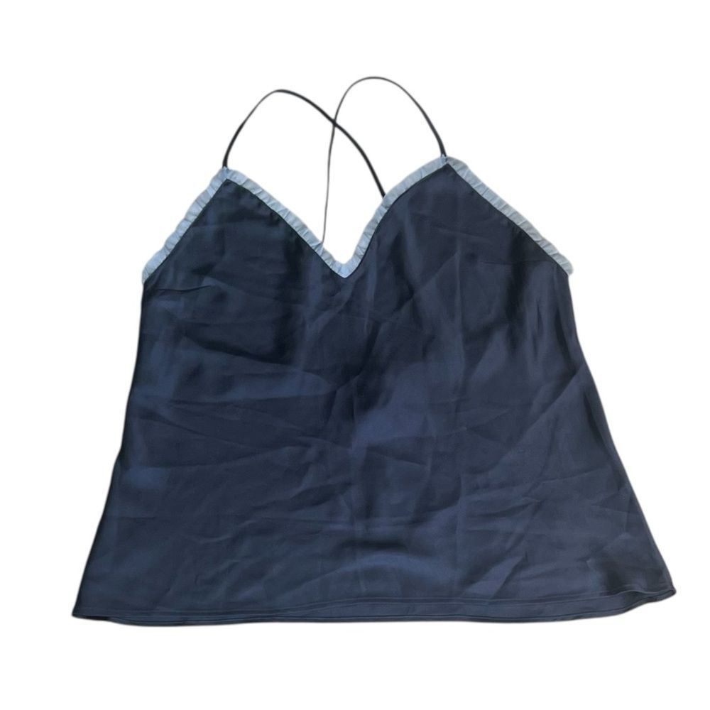 Victoria's Secret Satin Cami Top Large Navy Blue Light Blue Ruffle Trim Lingerie